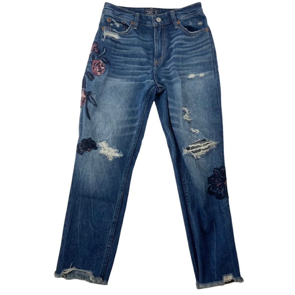 Abercrombie embroidered Annie girlfriend jeans floral boho cutoff distressed